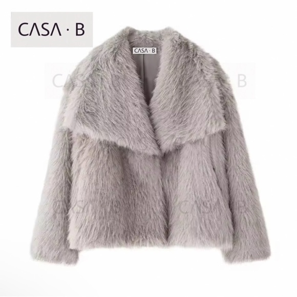 NEW 💫CASA B|Heiress Grey Faux Fur Chic Long Sleeve Outerwear Lapel Collar Jacket - Picture 3 of 9